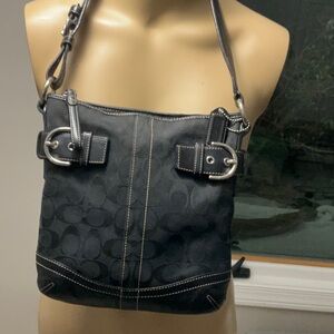 Coach Black Signature Jacquard Shoulder Bag with Buckle Accents